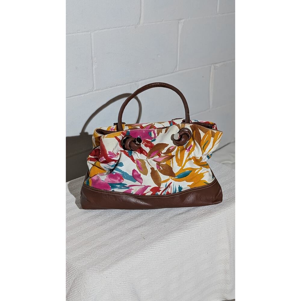 Merona Floral Print Satchel Handbag Brown Faux Leather Trim Shoulder Bag Purse